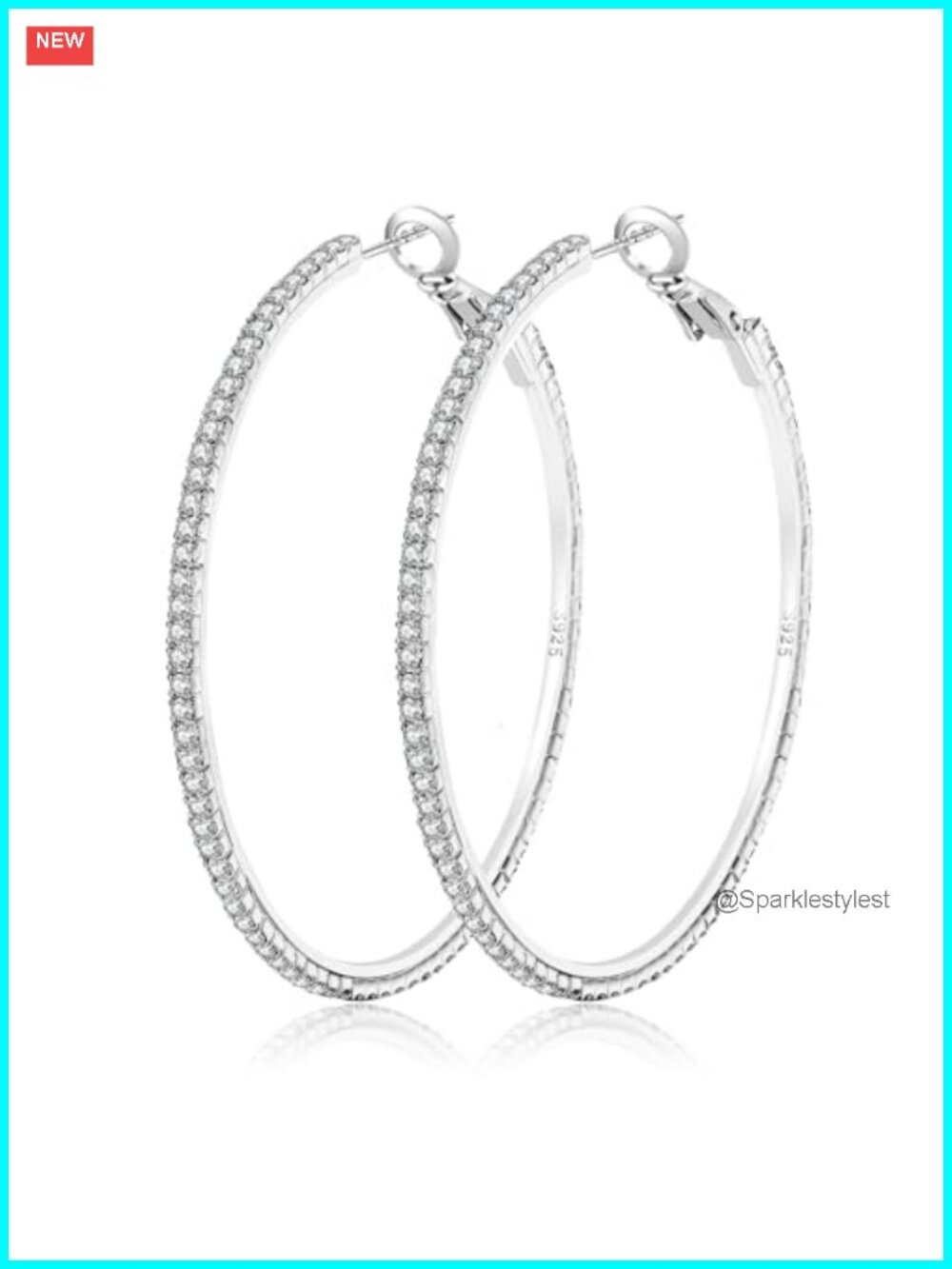 925 Sterling Silver Rhinestone Hoop Earrings Large Cubic Zirconia Sparkly Thin